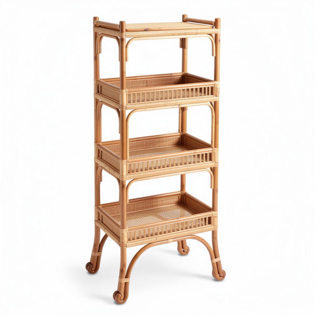 Rattan Rolling Storage Cart for Organizing – Rattan, Wood and Metal – 80 x 40 x 120cm