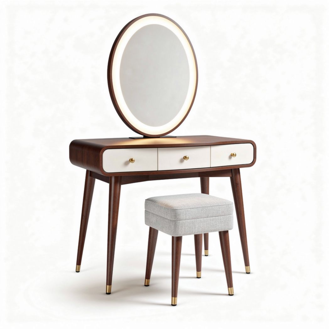 Wooden Vanity Table With Round Mirror – Suitable For Bedroom Use – Features Drawers And An Upholstered Stool – 120 x 50 x 75cm